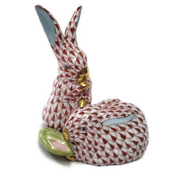 Herend Bunny Rabbit Pair Fishnet Rusy Colored - Picture 1 of 7